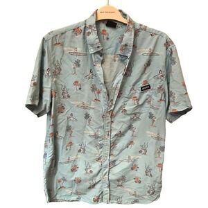 Ron‎ Jon Hula Girl Hawaiian Beach Shirt Shark Flamingo Island Medium